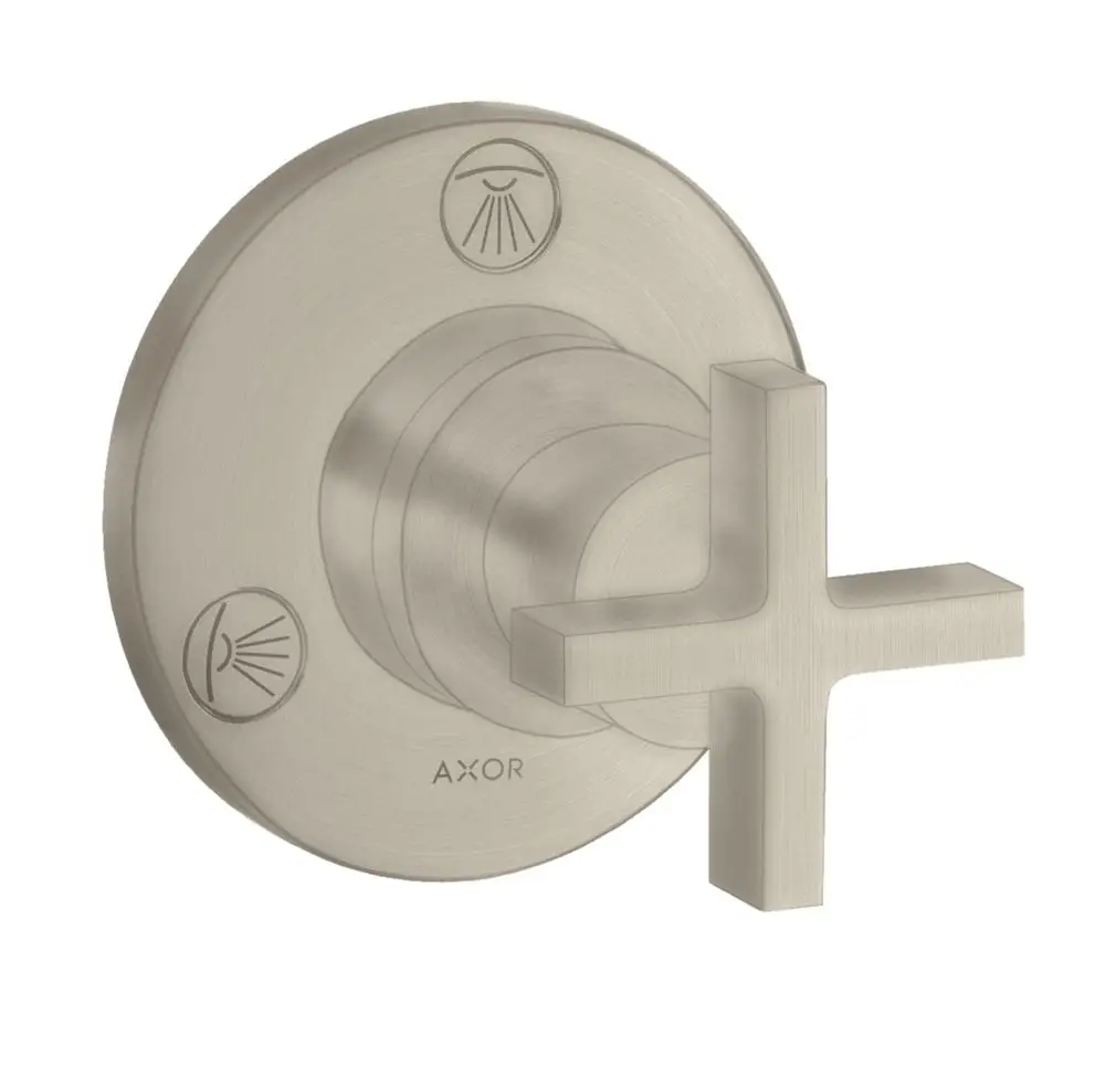 Unterputzventil mit Kreuzgriff in gebürstetem Nickel-Finish von AXOR. Enthält Symbole zur Bedienung für verschiedene Wasserfunktionen.